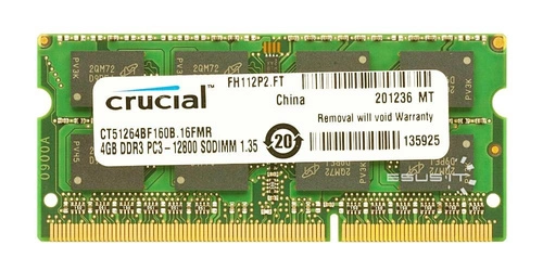 Mémoire RAM 1x 4GB Crucial SO-DIMM DDR3 1600MHz PC3-12800 | CT51264BF160B